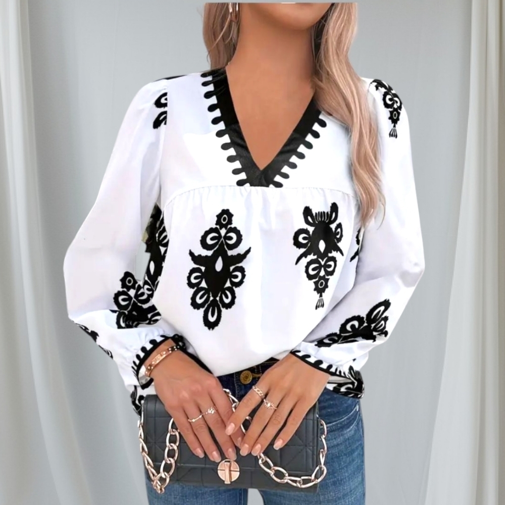 Women's White V-Neck Embroidered Blouse with Black Motif